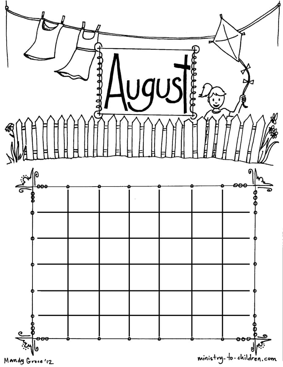 August Coloring Sheet Calendar