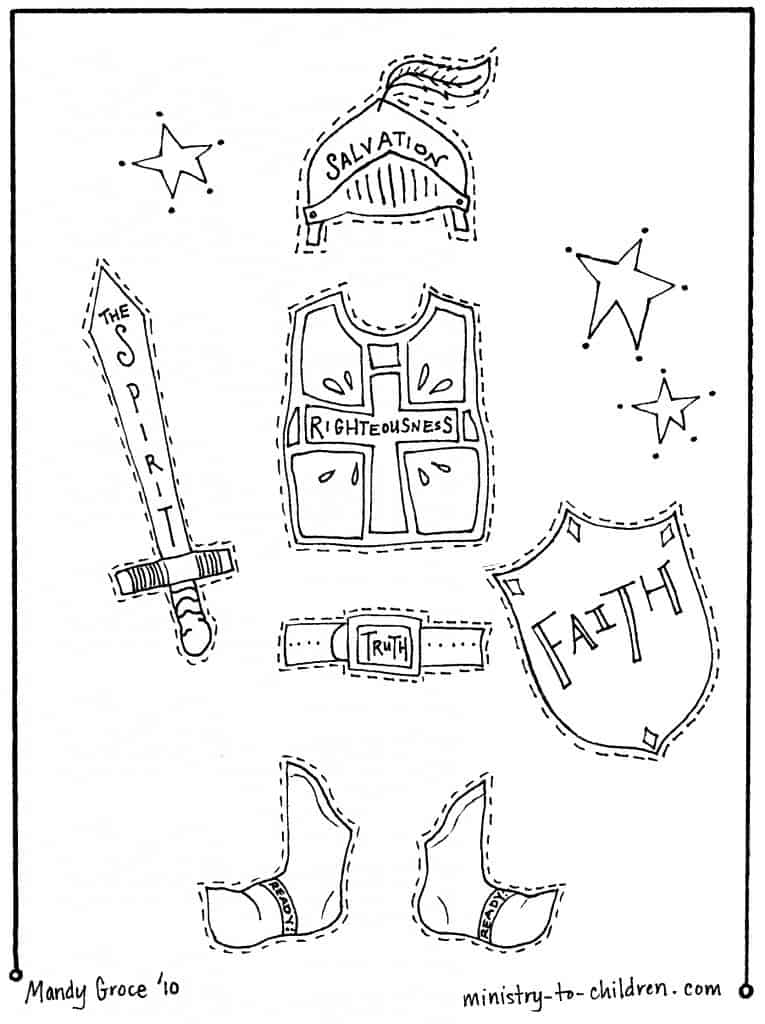 cutout coloring page of armor of God - helmet of salvation, shield of faith, sword of the spirit, 