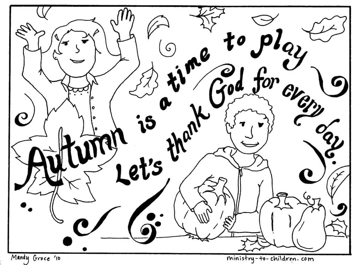 Autumn Coloring Page "Let's Thank God" Easy Printable PDF - Ministry-To