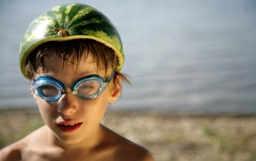 Boy with watermelon helmet
