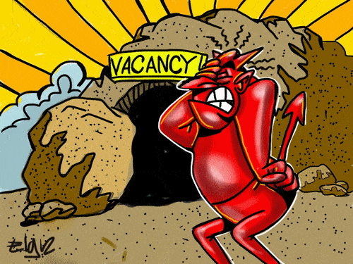 Cartoon showing the Devil frustrated on Easter morning
