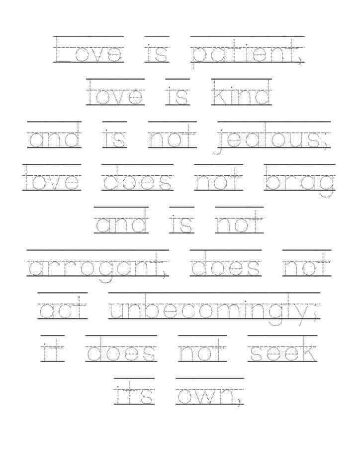 "Love Is..." 1 Corinthians 13:4-8 Letter Tracing Worksheets | Ministry