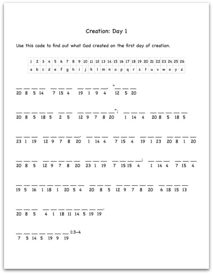 Creation Day 1 Bible Verse Decoding Worksheet Ministry To Children