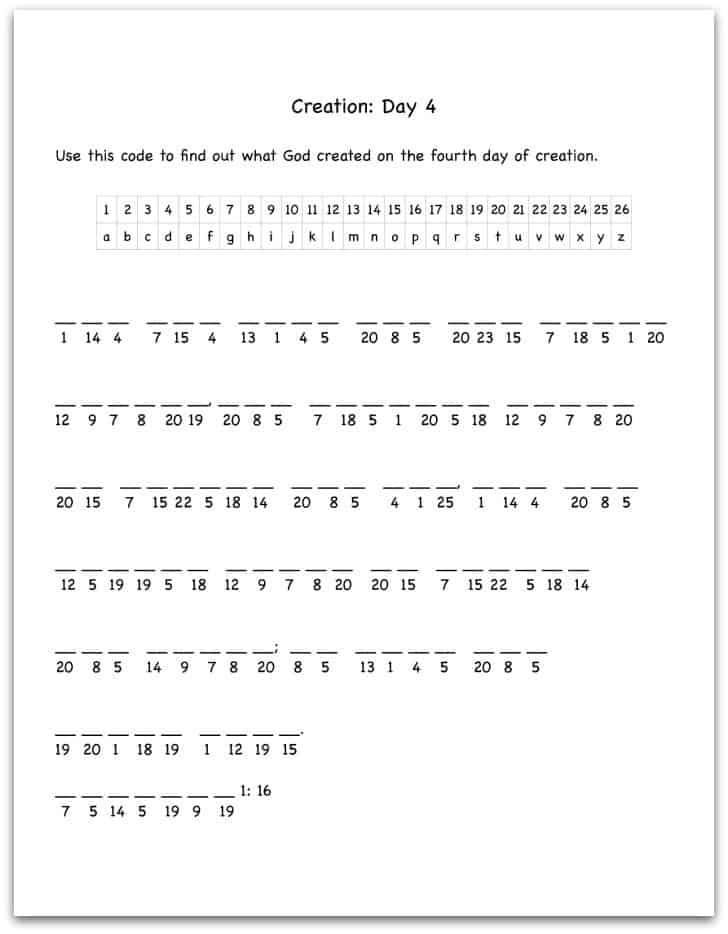 Creation Day 4 Bible Verse Decoding Worksheet Ministry To Children 