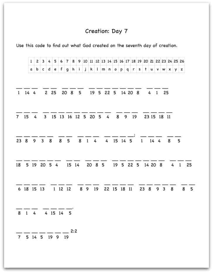 Creation Day 7 Bible Verse Decoding Worksheet - Ministry-To-Children Bible  Worksheets