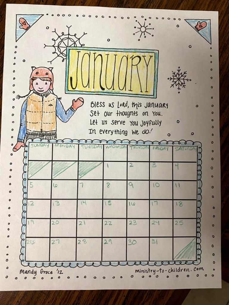 january calendar coloring page