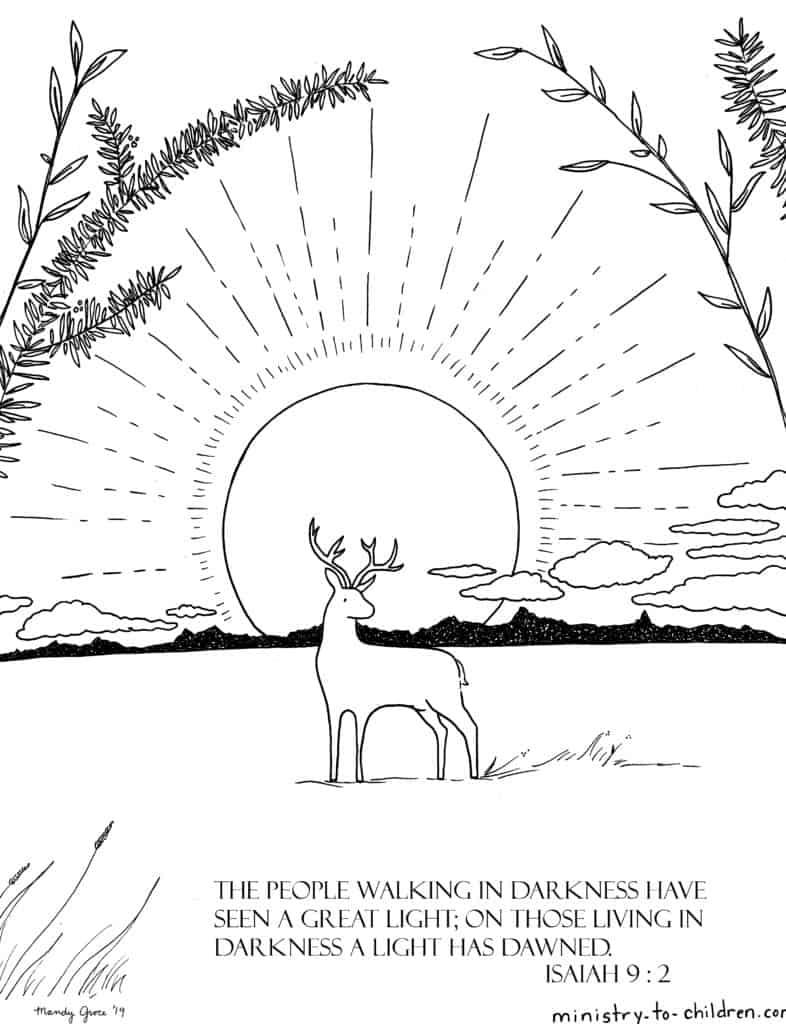 Isaiah 9 verse 1 Coloring Page - The People walking in darkness have seen a great light; on those living in darkness a light has dawned. 