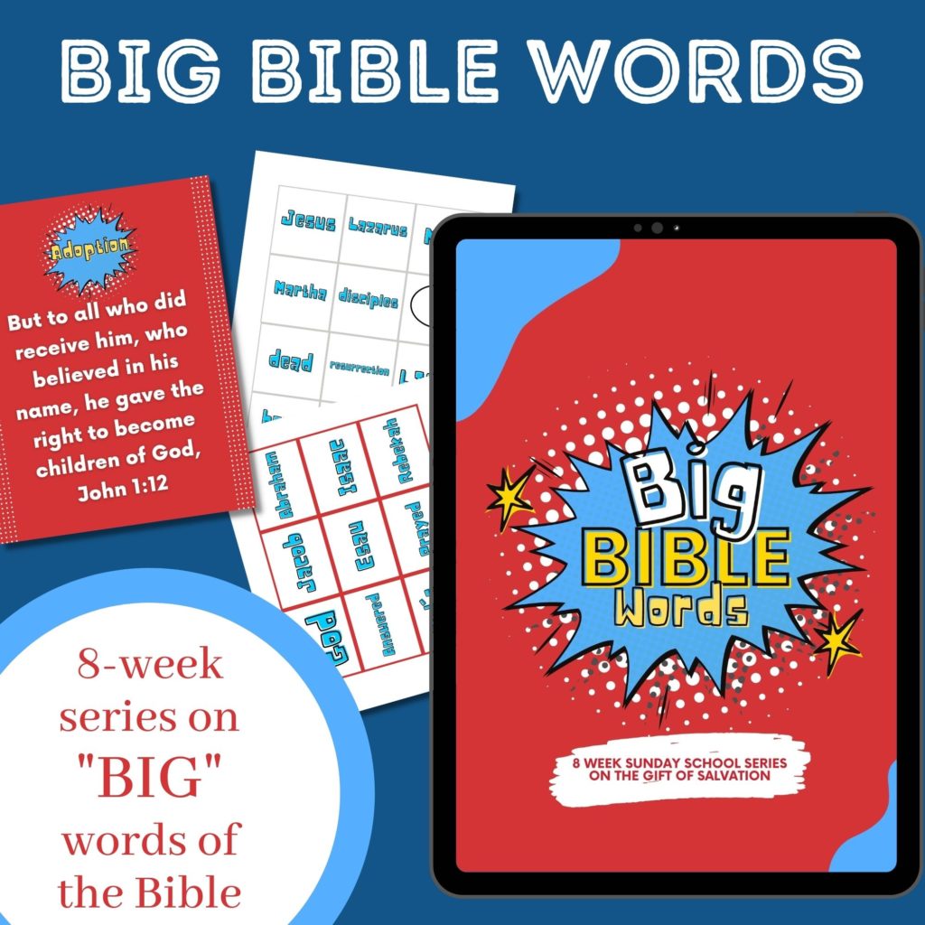Along with a focus on the BIG words of the Bible, these lessons also include games and activities to help kids learn the books of the Bible. The idea behind combining these themes is that the more familiar kids are with the Bible itself, the more time they’ll spend in the Bible, leading to a greater understanding of God’s word (including the BIG words used to explain salvation). Plus, there are worksheets for each of the big words that can be sent home or used as time filler if needed.
