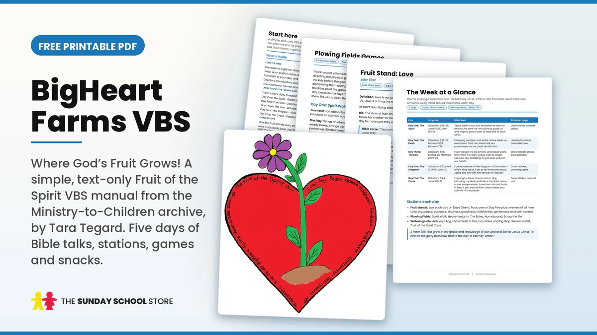 Free printable BigHeart Farms VBS PDF: a text-only Fruit of the Spirit VBS from the Ministry-to-Children archive