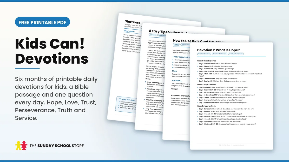 Free printable Kids Can! Devotions PDF: six months of daily devotions for kids