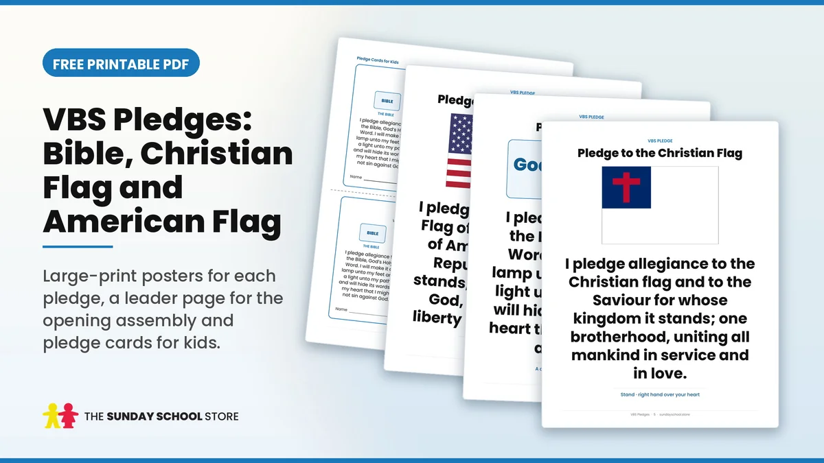 Free printable VBS pledges PDF: Bible, Christian flag and American flag pledge posters