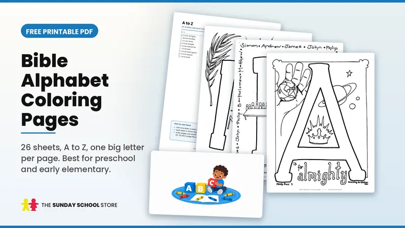 Bible alphabet coloring pages A to Z, free printable PDF