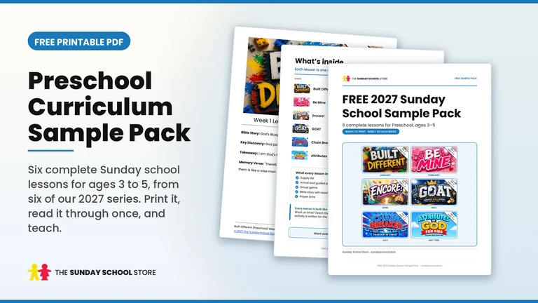 Free preschool Sunday school sample pack: six lessons from six 2027 series, ages 3 to 5