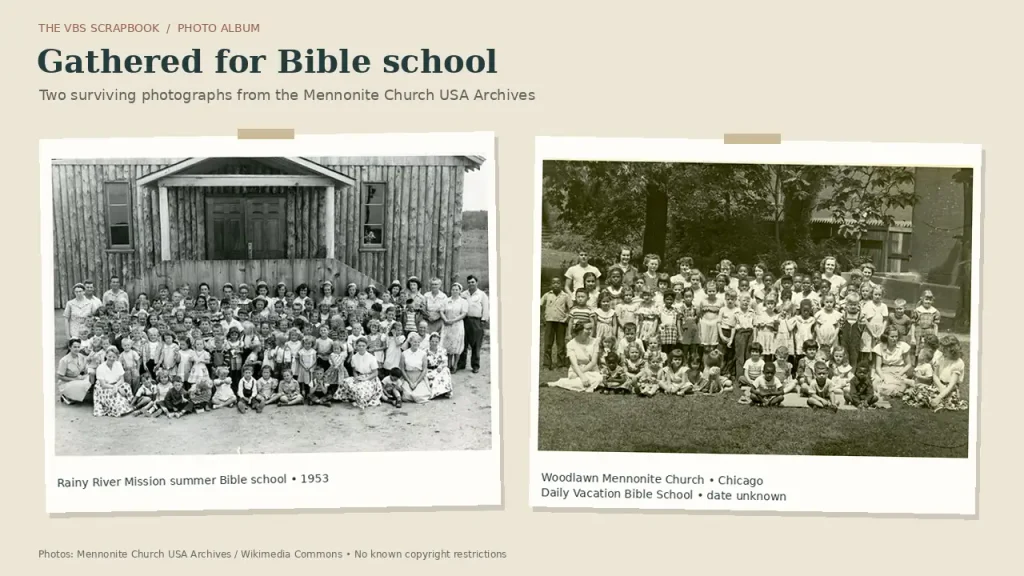 Two archival group photographs show children and adults gathered for Bible school, outside a wooden church at Rainy River and outdoors at Woodlawn Mennonite Church.”