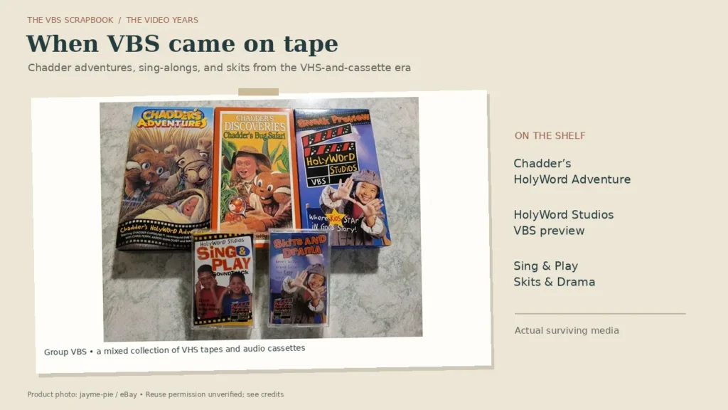 Alt text: “A tabletop photograph of three vintage VBS videocassettes and two audio cassettes, beside a list of recognizable program names.”