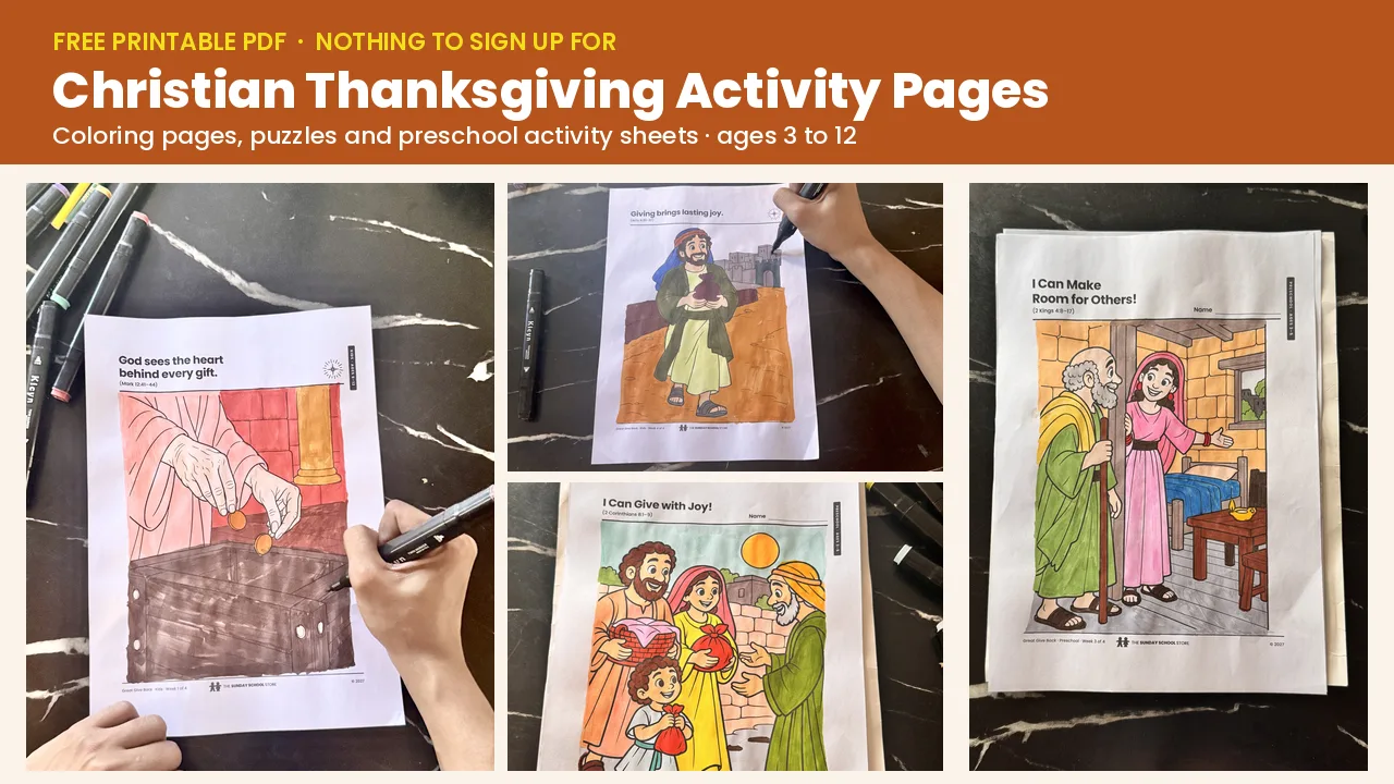 Lily's hand-colored Great Give Back Thanksgiving coloring pages: the widow's coins, Barnabas, a preschool giving page and Elisha's room