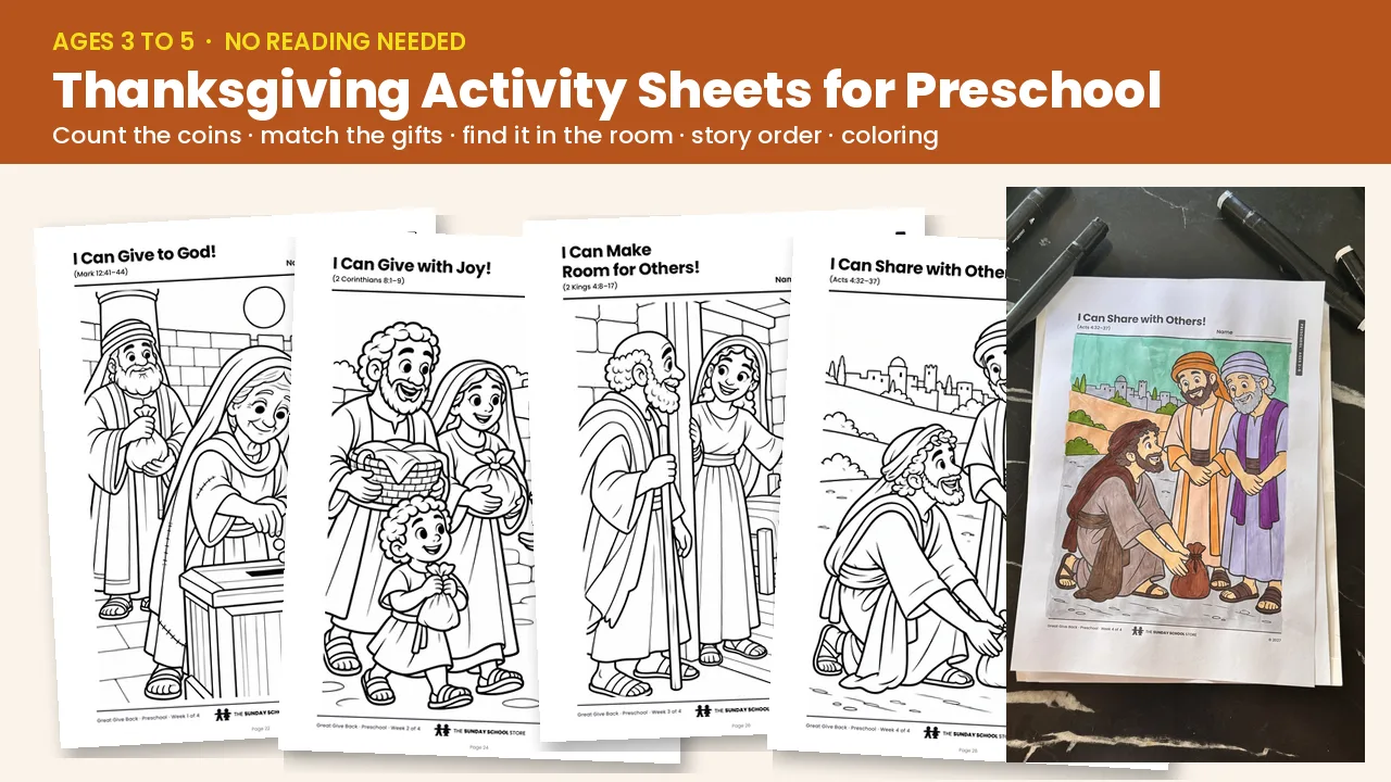 Preschool Thanksgiving activity sheets: count the coins, match the gifts, find it in the room, story order