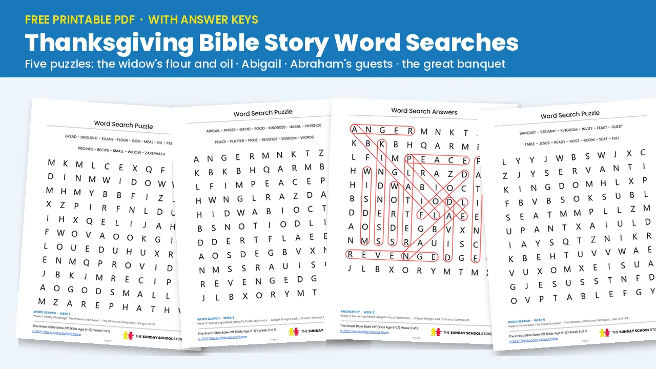 Five Thanksgiving Bible story word search puzzles for kids with answer keys