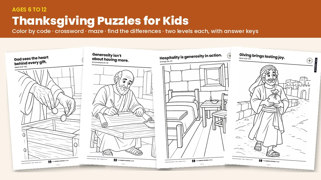 Four Thanksgiving puzzle pages for kids: color by code, crossword, maze and find the differences